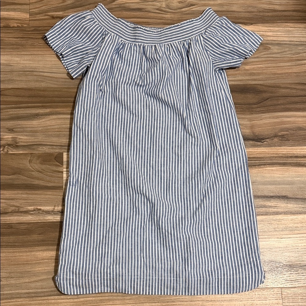 J.Crew Women's Sz. 8 Blue Striped Linen Blend Smocked Off The Shoulder Dress